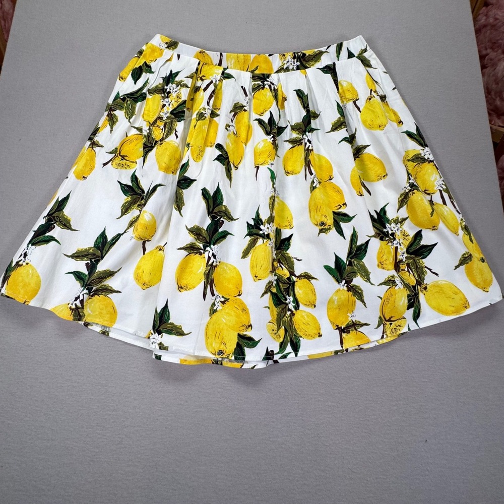 Womens Lemon Print Skirt 3XL White Yellow Cotton Stretch Elastic Waist‎ Summer